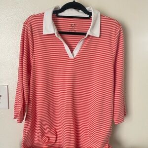 Isaac Mizrahi Coral and White Striped Button Down Shirt